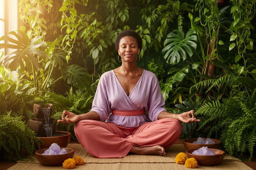 Master essential skills like stress management, emotional regulation, and effective communication to support your overall wellbeing. make the woman hyperpigmented and the colors vibrant with healing tone