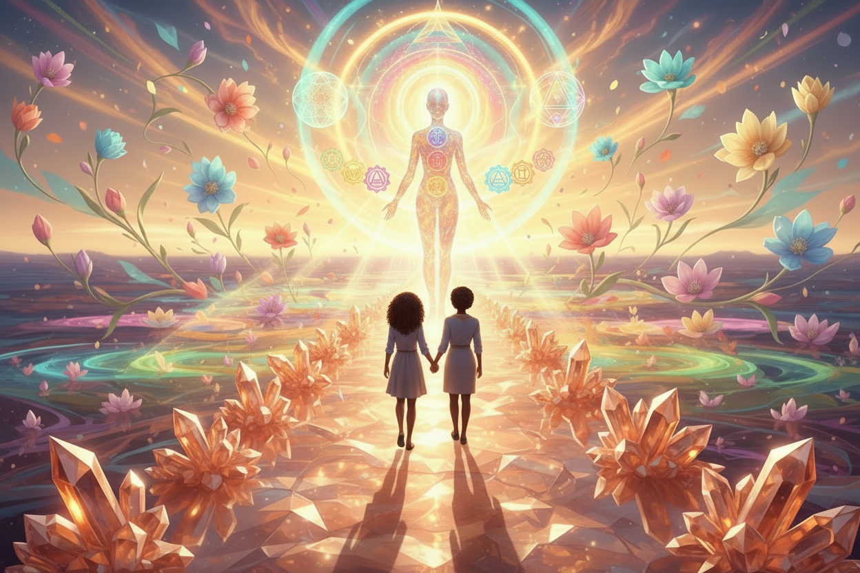 walking alongside your mentor on a crystal copper path with there backs to the audience like walking towards the sunset. instead of it being a sunset i want it to be the healed version of the indivudal. like they are walking towards a holistic, well rounded and mentally stable future unique to them. make the tone vibrant and healing 