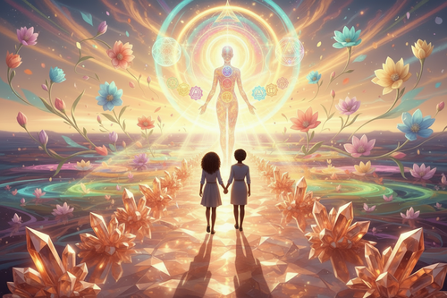 walking alongside your mentor on a crystal copper path with there backs to the audience like walking towards the sunset. instead of it being a sunset i want it to be the healed version of the indivudal. like they are walking towards a holistic, well rounded and mentally stable future unique to them. make the tone vibrant and healing 